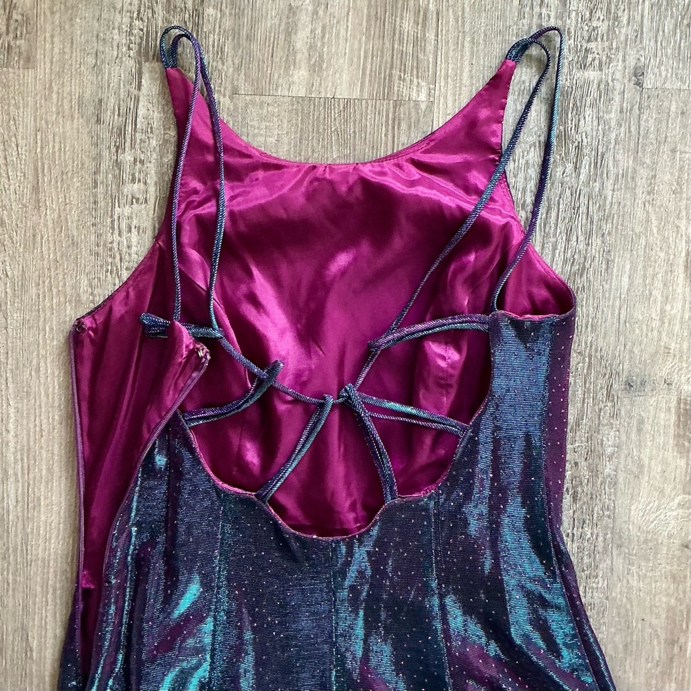 Vintage Y2K Iridescent Glitter Galaxy Color-Changing Strappy Back Formal Gown - Picture 13 of 15